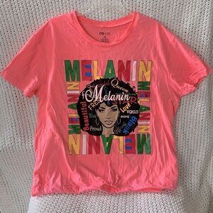 On Fire Woman’s Melanin Graphic Tee w/Drawstring Hem Peach-Orange/Pink; Size 3X